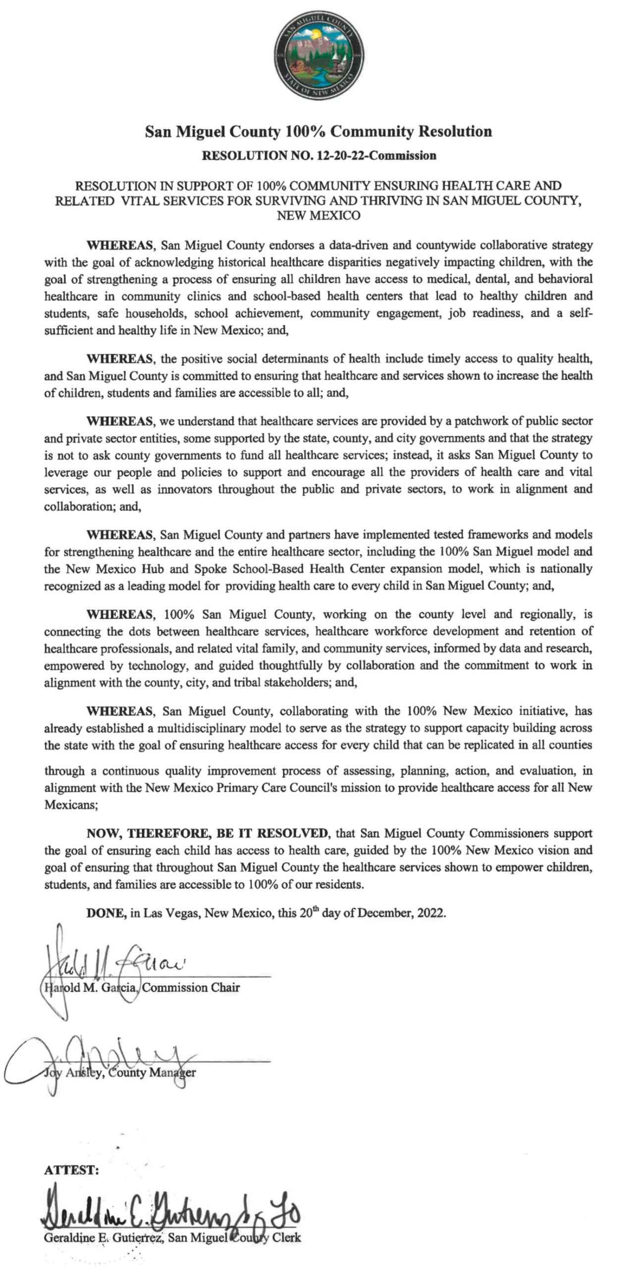 San Miguel County 100% Resolution Signed resolution