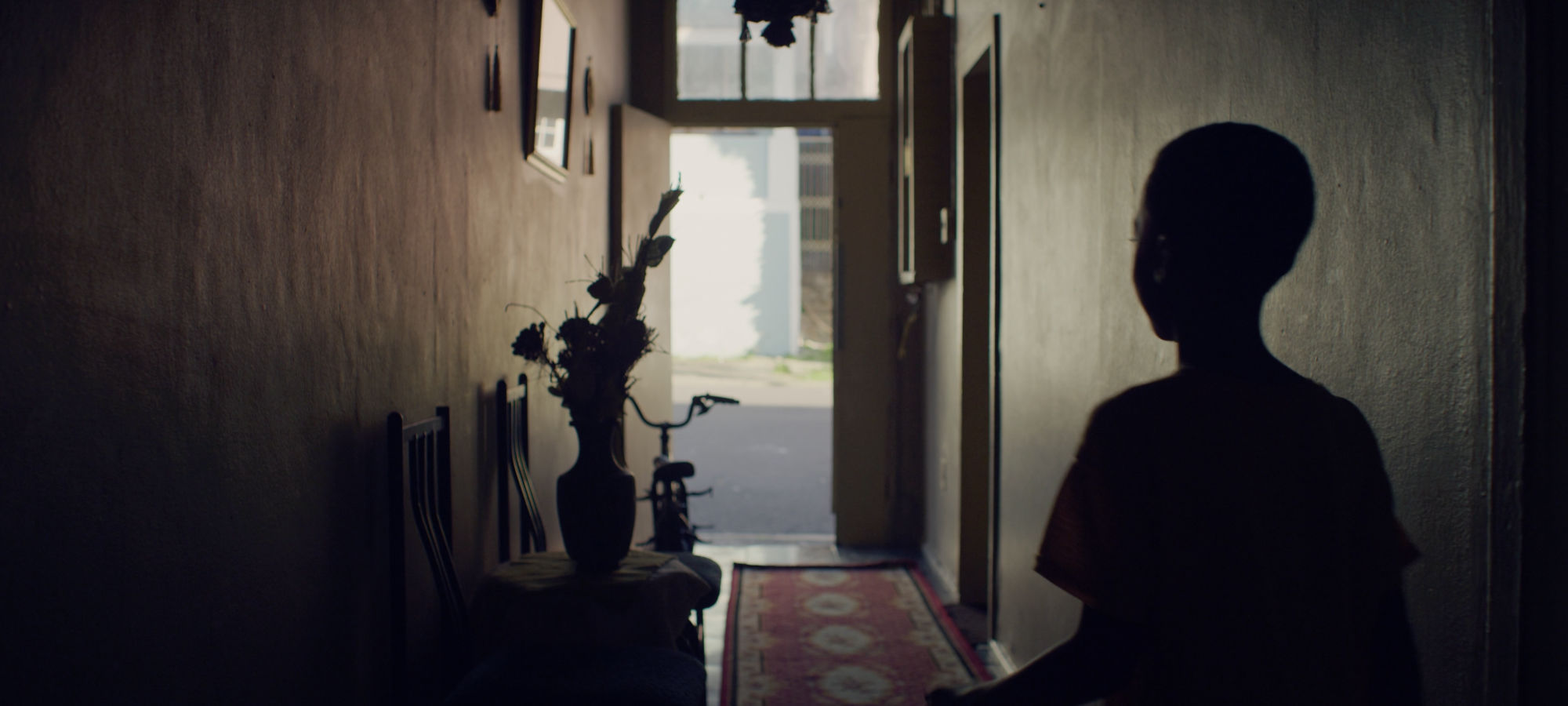 Boy in a dark hallway with a sunlit door at the end