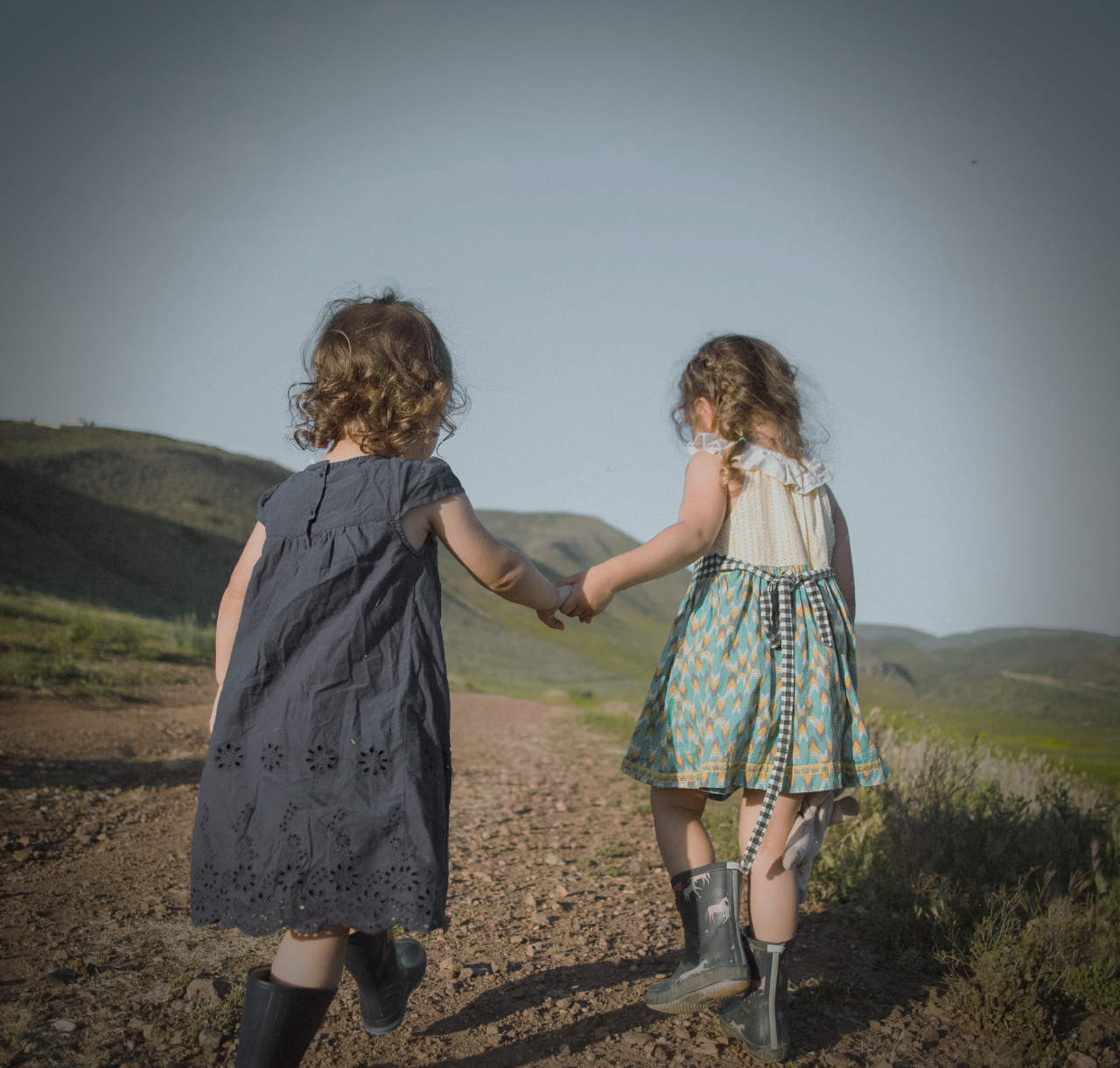 Two girls holding hands and walking away on a hillside path