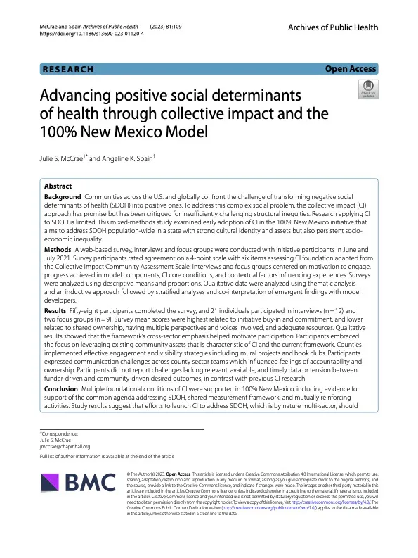 McCrae, J.S. & Spain, A.K. (2023). Advancing positive social determinants of health through collective impact. Archives of Public Health, 81:109. doi: https://archpublichealth.biomedcentral.com/articles/10.1186/s13690-023-01120-4